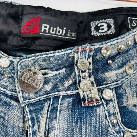 Rubi Jeans womans Skinny Jrs 3 heavily studded destroyed jean stone wash medium - Picture 4 of 8